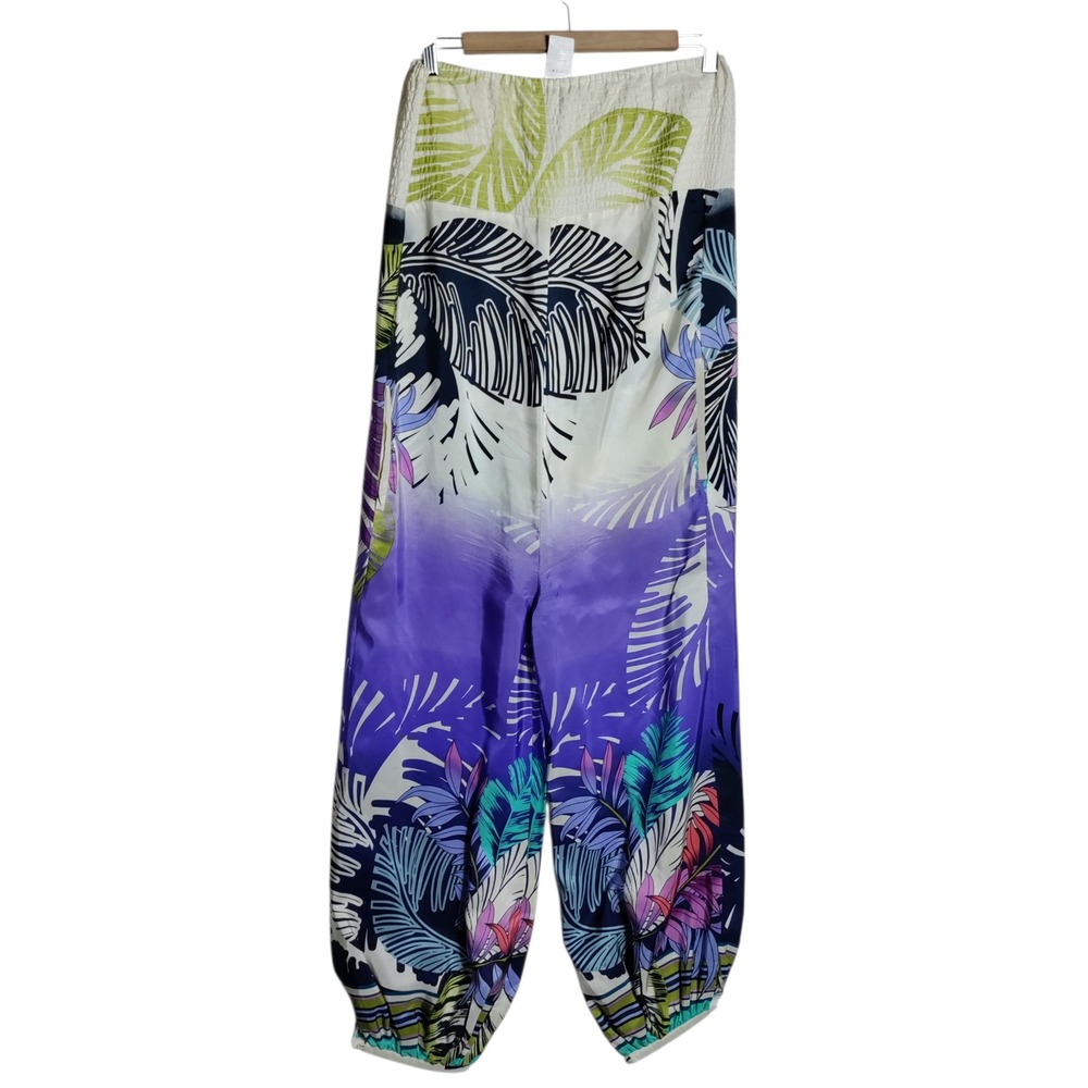 Paul & Joe Sister Silk Tropical Leaf Print Smocked Harem Pants Purple Green 100%